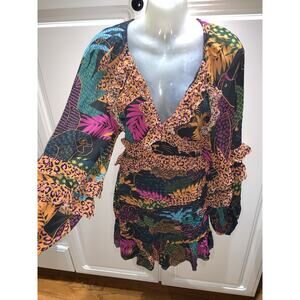 Farm Rio Black Floral and Animal Print Ruffle Mini Dress Size Small